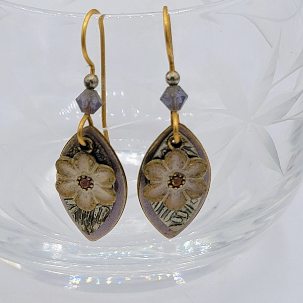 Boho Flower Dangle Earrings Purple Enamel Leaves Brass Drop Jewelry Floral Vtg